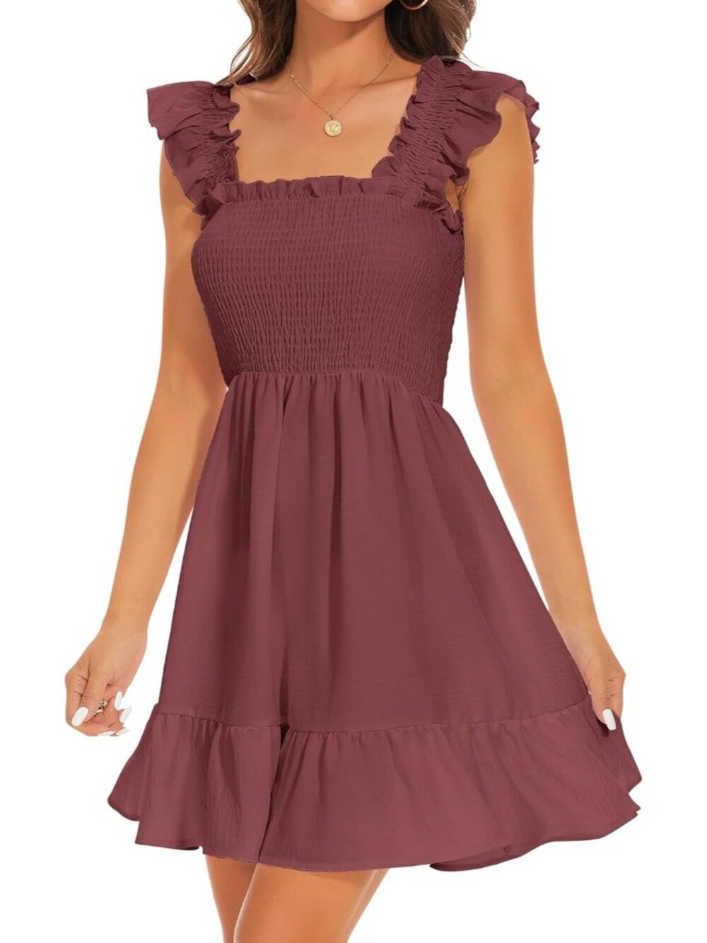 Women's Brown Smocked Dresses Square Neck Elegant Tiered Boho Ruffle Shoulder